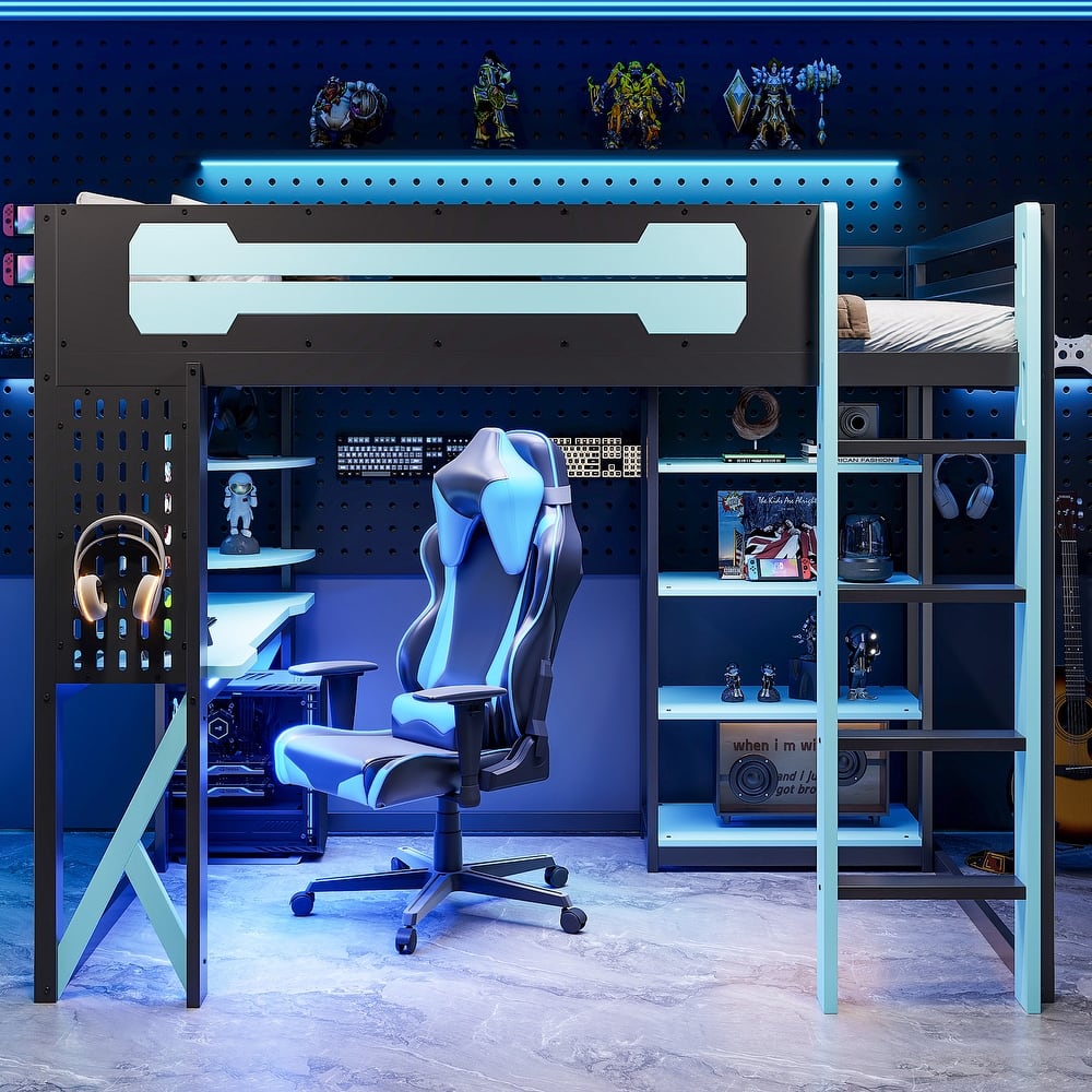 Full Size Wood Loft Bed with Integrated Desk & Shelves, Power Outlet with USB/Type-C Ports, RGB Lighting