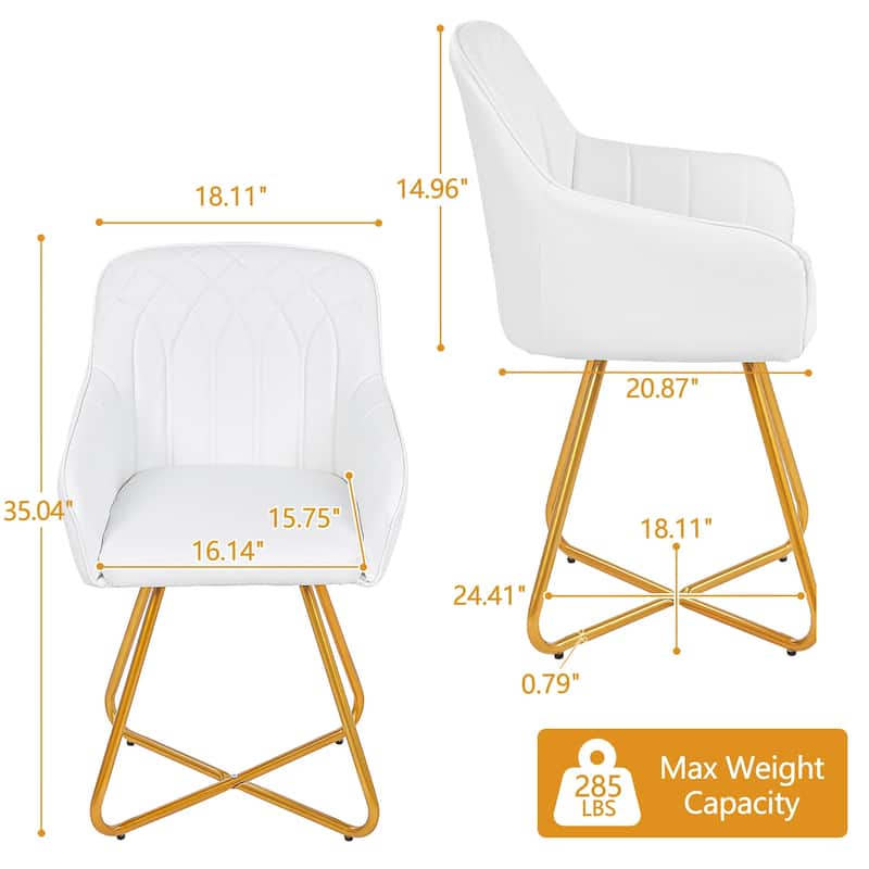 VECELO White Mid-Century Modern Accent Chair PU Leather Vanity Chair with Gold Cross Legs and Wide Armrests for Living Room
