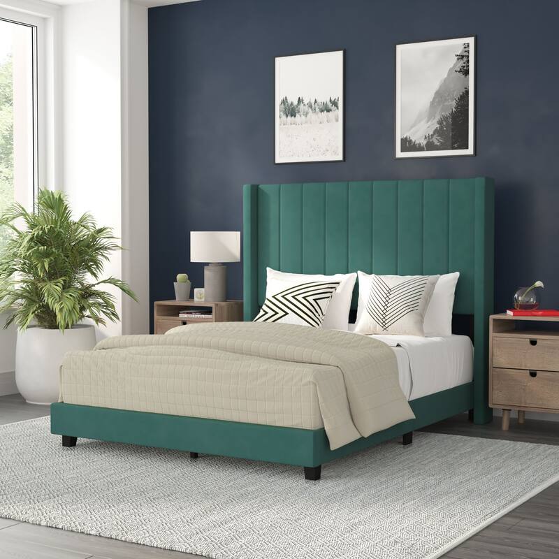 Upholstered Platform Bed with Wingback Headboard - Emerald Velvet - Full