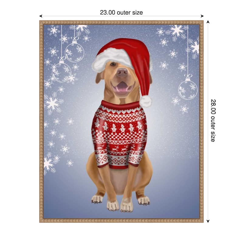 Pitbull in Christmas Sweater by Fab Funky (23 x 28 in.), Framed Canvas Wall Art Print - Sylvie Beaded Rustic Natural