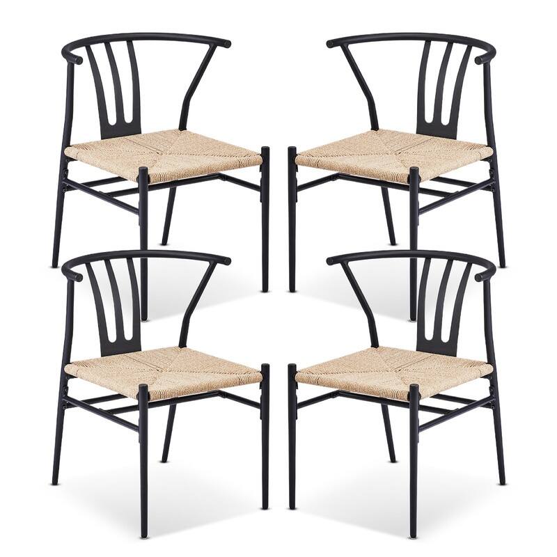 Black Metal and Rope Patio Dining Chair (Set of 4) - N/A - Black