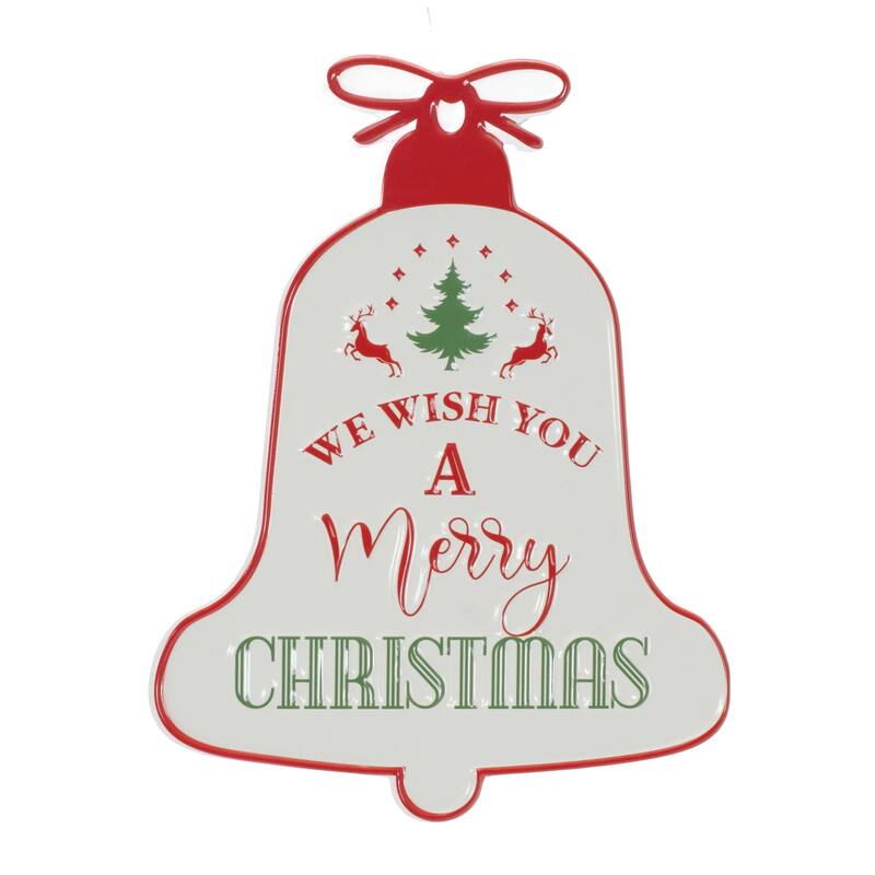 Holiday Metal Bell Sign with “We Wish You a Merry Christmas” Pine Tree Deer Indoor Decor - 7.5”L x 0.25”W x 9.75”H