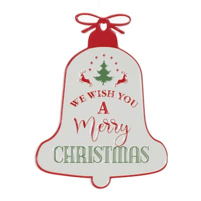 Holiday Metal Bell Sign with “We Wish You a Merry Christmas” Pine Tree Deer Indoor Decor - 7.5”L x 0.25”W x 9.75”H