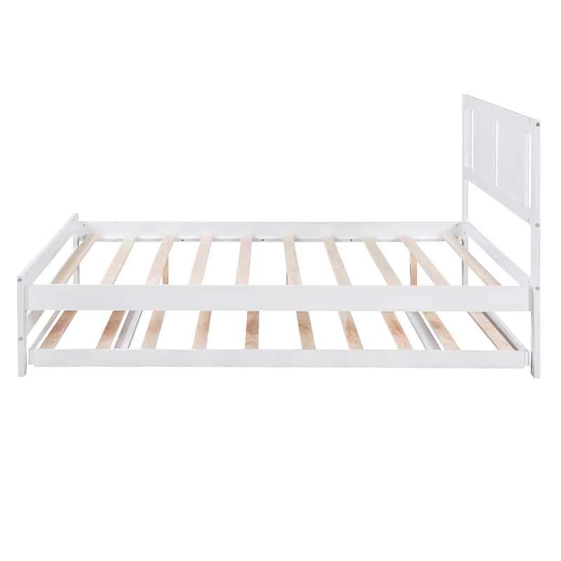 Full Size Platform Bed with Adjustable Trundle, Wooden Bed Frame