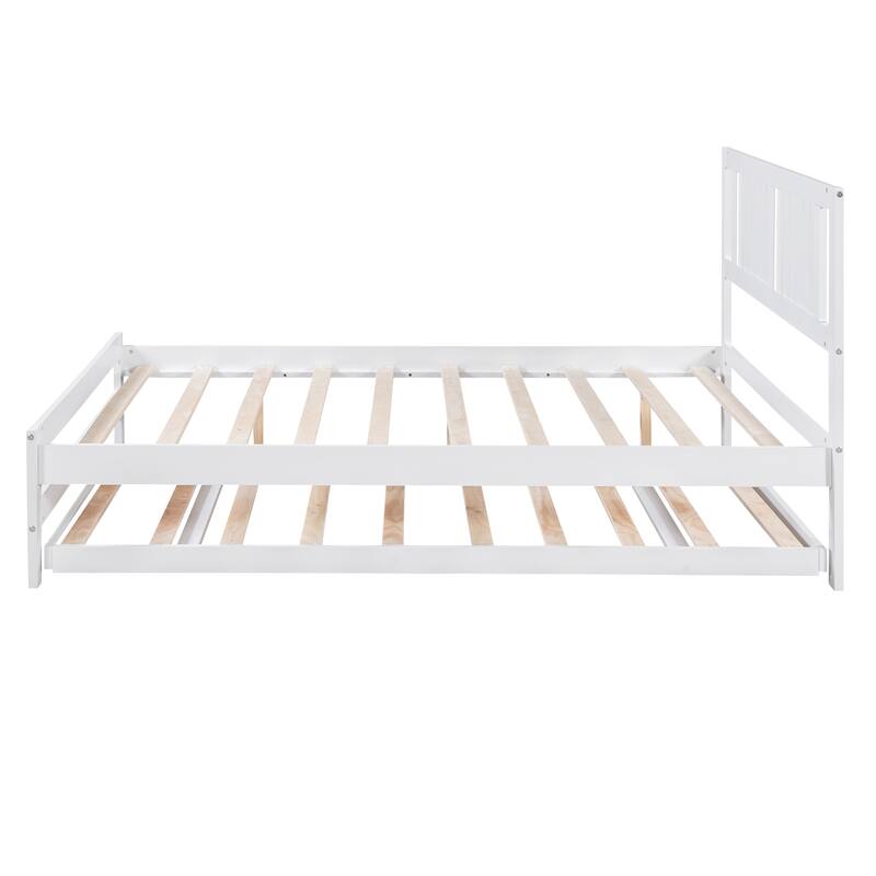 Full Size Platform Bed with Adjustable Trundle in White