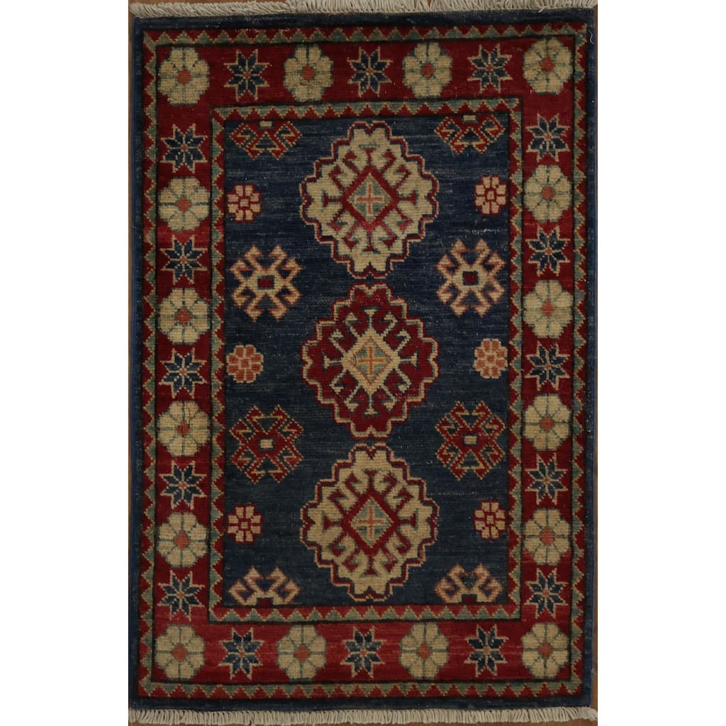 Hand Knotted Oriental 100% Wool Carpet Traditional Geometric Navy Blue & Blues Kazak Area Rug - 3' 1'' X 2' 1''