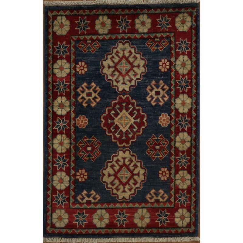 Hand Knotted Oriental 100% Wool Carpet Traditional Geometric Navy Blue & Blues Kazak Area Rug - 3' 1'' X 2' 1''