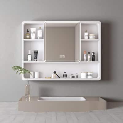 35 x 28 Inches Aluminium Medicine Cabinet with LED Light, Defogging Mirror, and Hair Dryer Holder