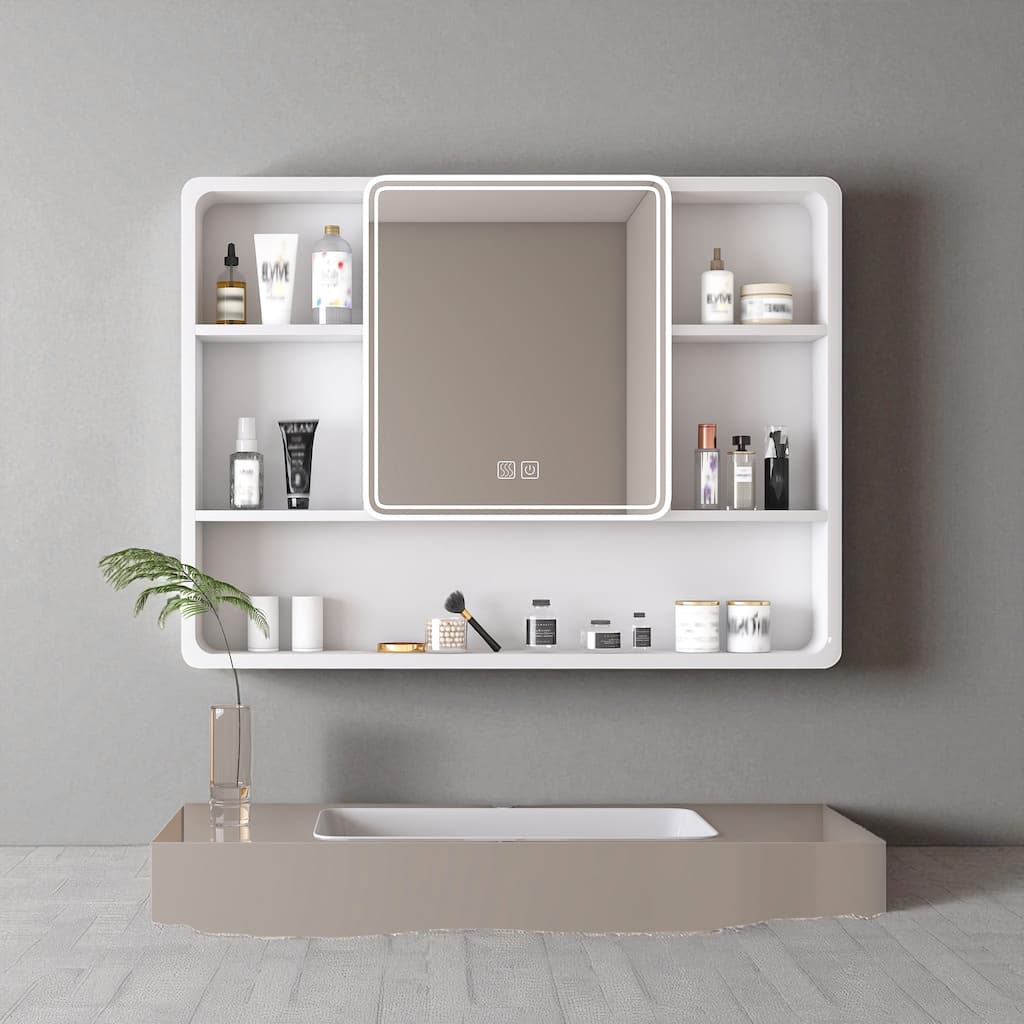 35 x 28 Inches Aluminium Medicine Cabinet with LED Light, Defogging Mirror, and Hair Dryer Holder