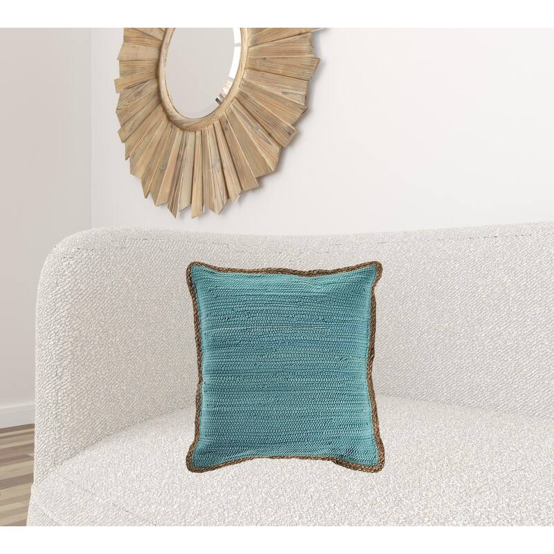 HomeRoots 20" X 20" Turquoise Blue And Tan 100% Cotton Zippered Pillow