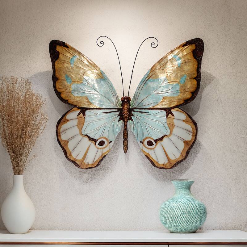 Eangee Handmade Butterfly Capiz Shell Wall Decor Copper With Aqua Large, 22 x 2 x 18 in.