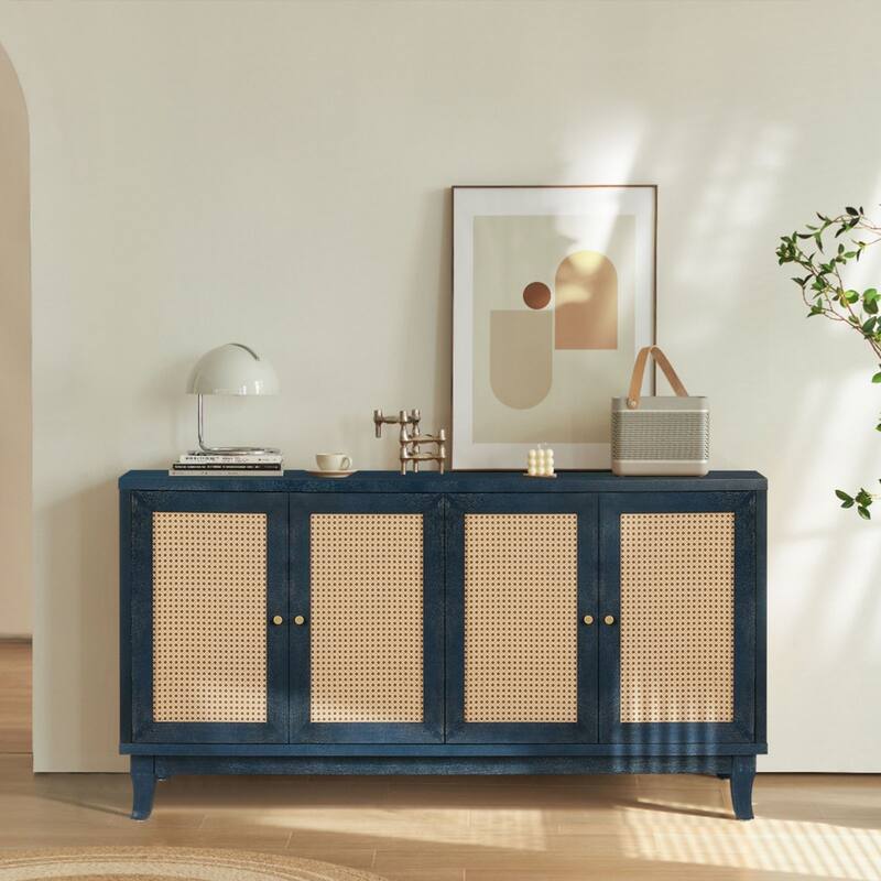 Rattan Sideboard Buffer Cabinet With 4 Rattan Doors, Adjustable Shelves, Storage Modern Storage Cabinet, Cupboard Console Table - dark gray