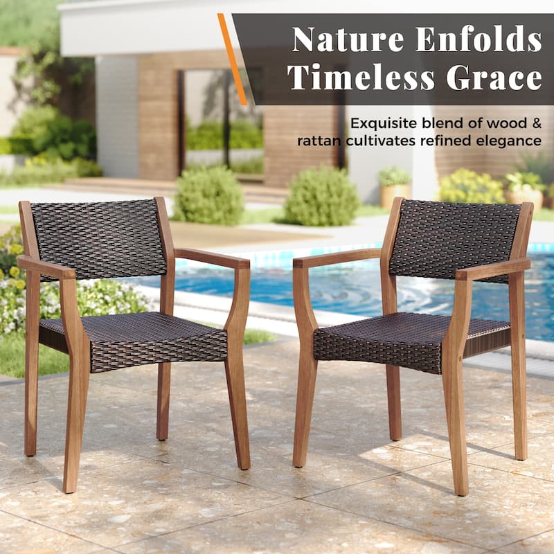 MAISON ARTS Acacia Wood Outdoor Dining Set, Expandable Table with Wicker Chairs, Farmhouse Patio Furniture