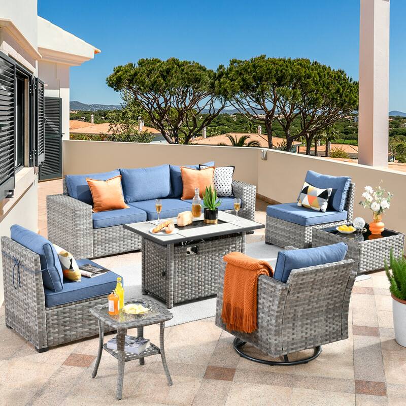 HOOOWOOO 9-piece Wicker Outdoor Modular Wide Armrest Sectional Set Fire Pit Set - Denim Blue