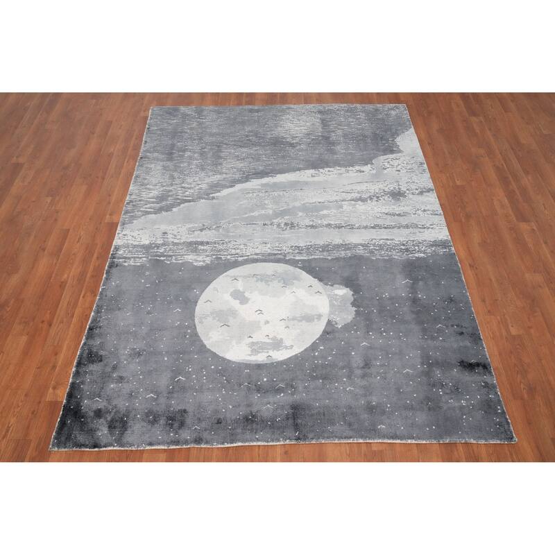 Hand Knotted Oriental Viscose Silk Carpet Modern Pictorial Greys & Charcoal Abstract Area Rug - 7' 5'' X 5' 7''