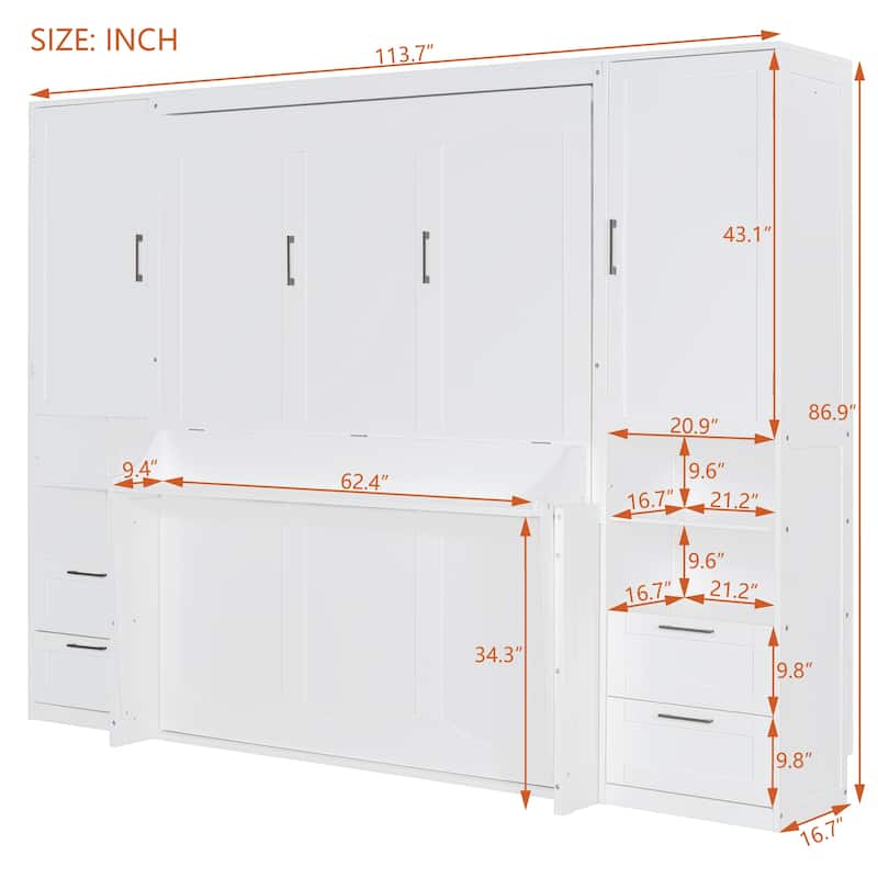 Full/Queen Size Horizontal Murphy Bed with Integrated Storage, Wood Wall Murphy Bed Frame with Closet, Drawers and Shelves