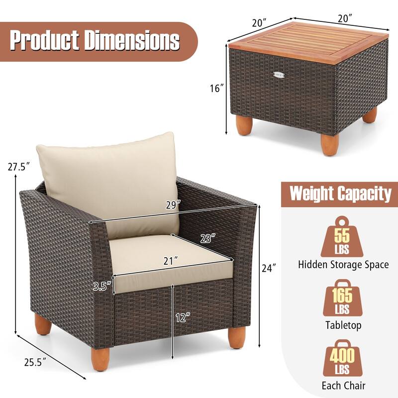 Gymax 3 PCS Patio PE Wicker Furniture Set Outdoor Conversation Bistro