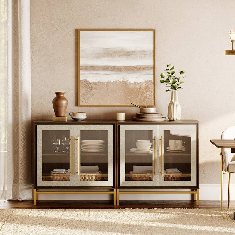 WAMPAT Modern Sideboard Buffet with Leather-Textured Doors - 2 Glass doors