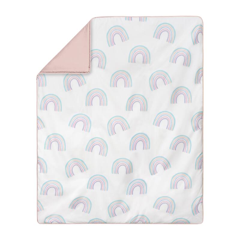 Pastel Rainbow Collection Girl 4-piece Nursery Crib Bedding Set - Blush Pink, Purple, Teal, Blue and White