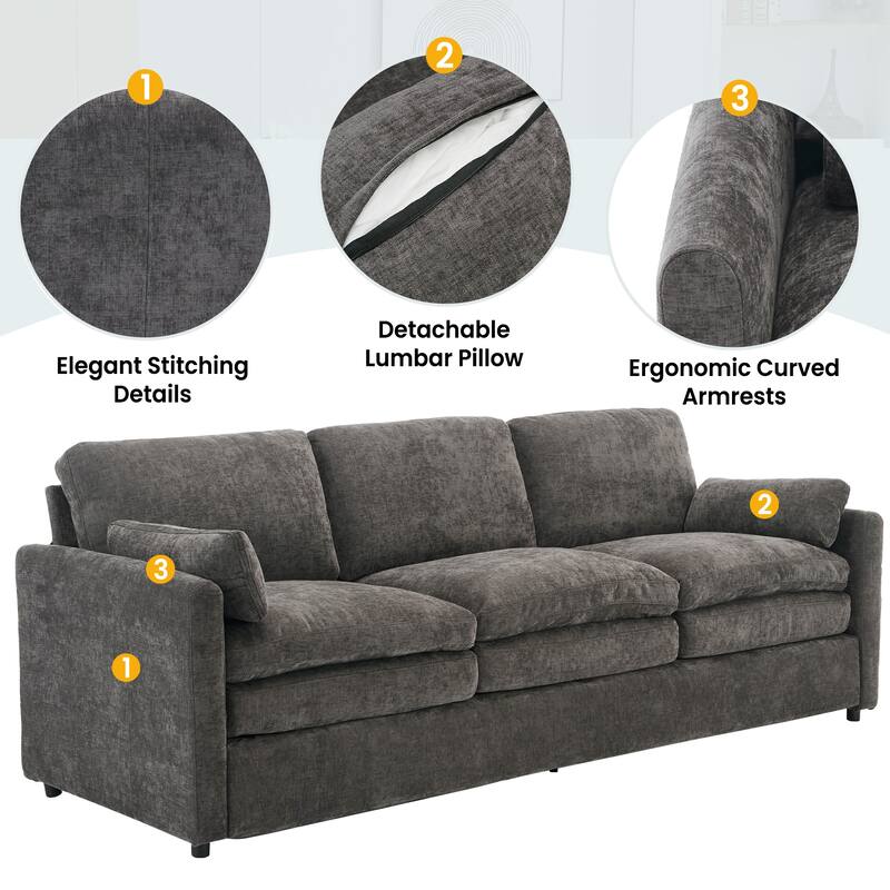 Chenille Upholstered 3 Seater Sofa, Cloud Sofa with Removable Lumbar Pillow, Oversized Sofa with Double Cushion