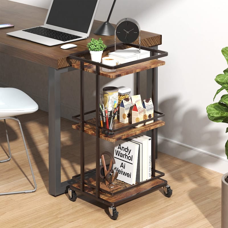 3-Tier Rolling Serving Bar Cart, Wood and Metal Kitchen Island Storage Cart with Wheels, Multifunction Utility Drink Cart