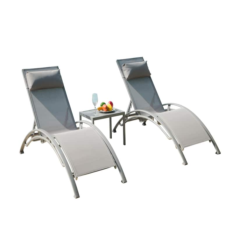 5 Adjustable Aluminum Textile Outdoor Patio Recliner Chairs in Gray, 2 Lounge Chairs and 1 Table - N/A