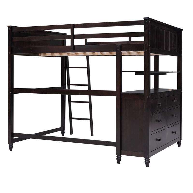 Full Size Loft Bed with Desk, Drawers, and Storage Shelves for Maximized Space