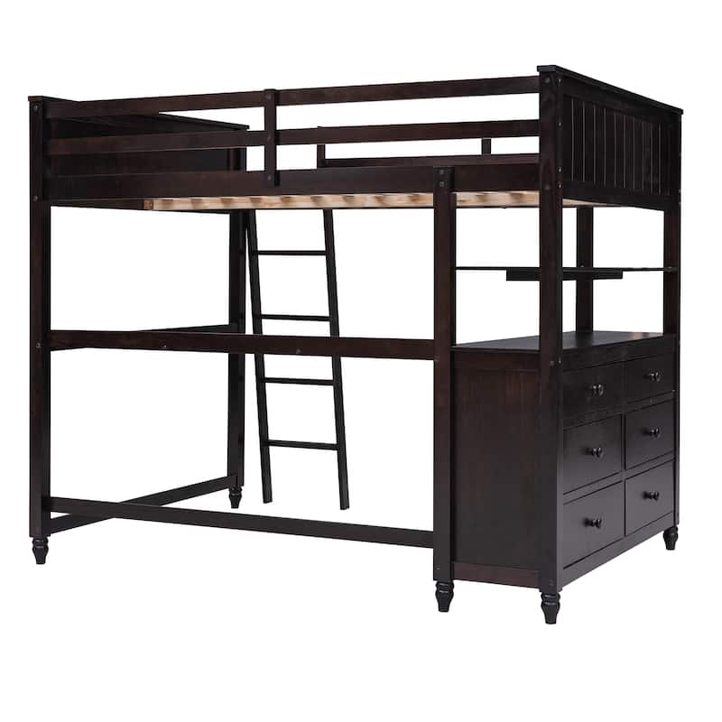 Full Wooden Loft Bed with Drawers and Reversible Ladder