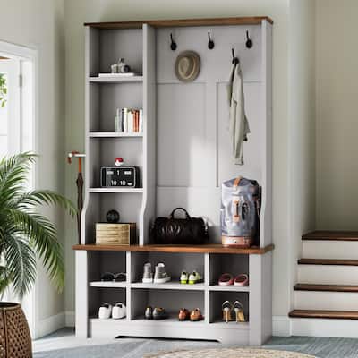 Moasis 59"/39"W Farmhouse Hall Tree Adjustable Shelf Coat Rack with Shoe Storage Bench for Entryway