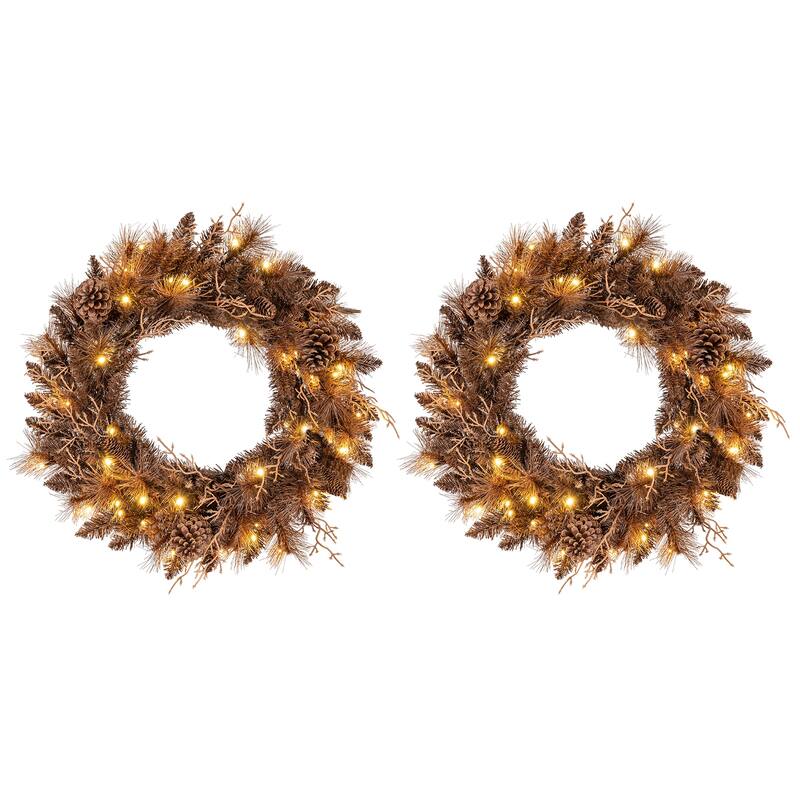 Gymax Set of 2 24'' Pre-lit Christmas Wreath Front Door Artificial