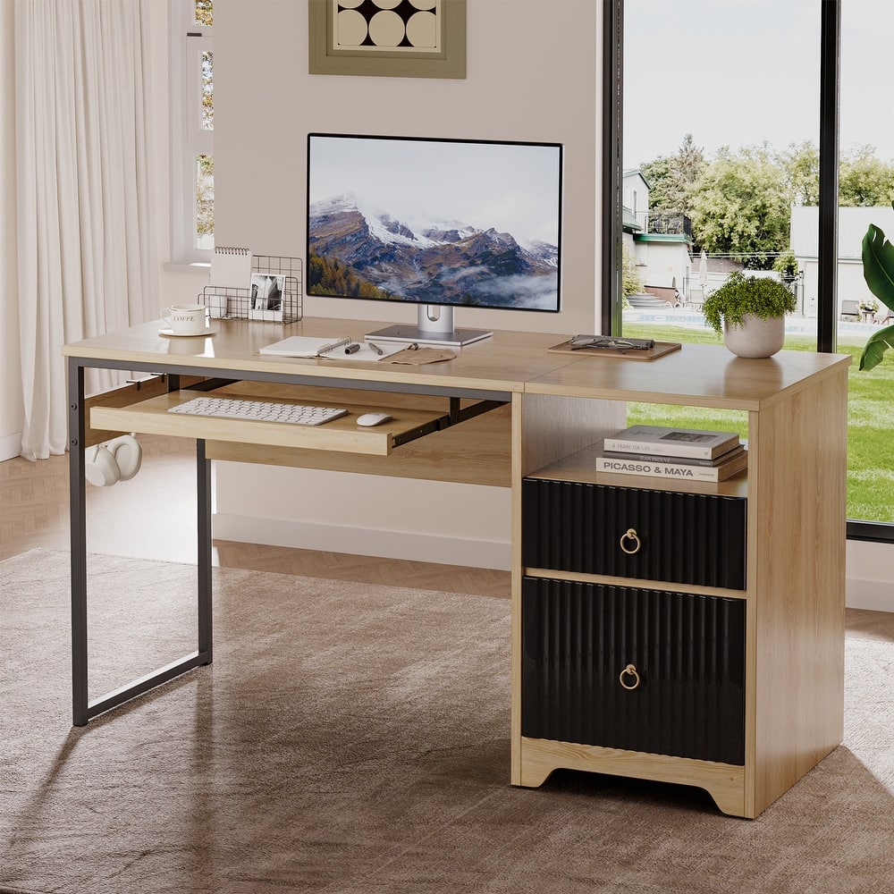 Bestier 55.1" Reversible Computer Desk with 2 Drawers & Keyboard Tray, Home Office Desk Hooks, Modern Writing Desk for Study