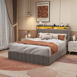 Queen Size Platform Bed with LED and 4 Under-bed Portable Storage Drawers