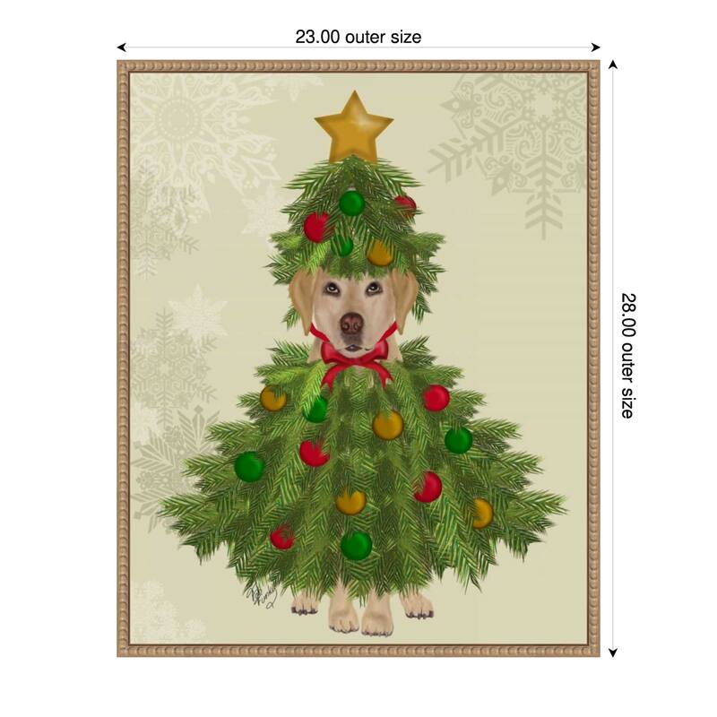 Yellow Labrador Christmas Tree Costume by Fab Funky (23 x 28 in.), Framed Canvas Wall Art Print - Sylvie Beaded Rustic Natural