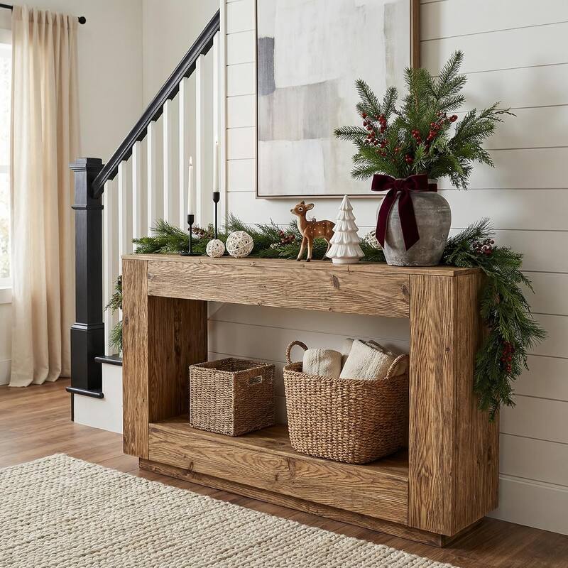 59" Solid Wood Entryway Table, 2-Tier Console Table with Open Storage