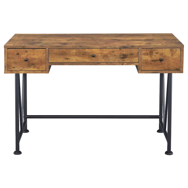 Farmhouse 3-Drawer Writing Desk with Metal Accents, Brown Wood Finish and Industrial Design for Home Office