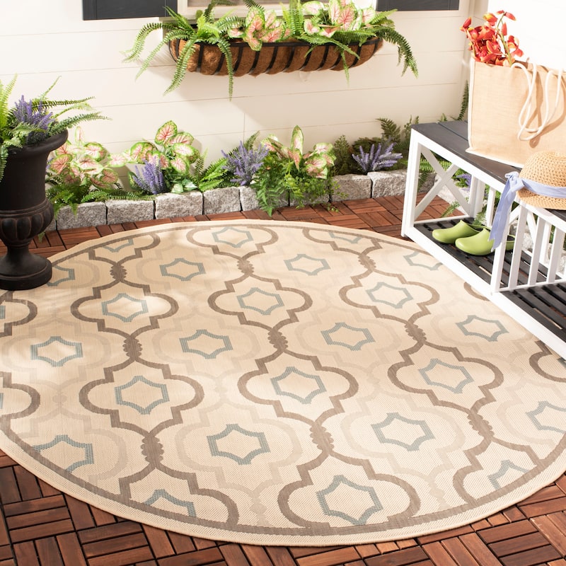 SAFAVIEH Courtyard Oyvor Indoor/ Outdoor Waterproof Patio Backyard Rug - 6'7" Round - Navy/Beige