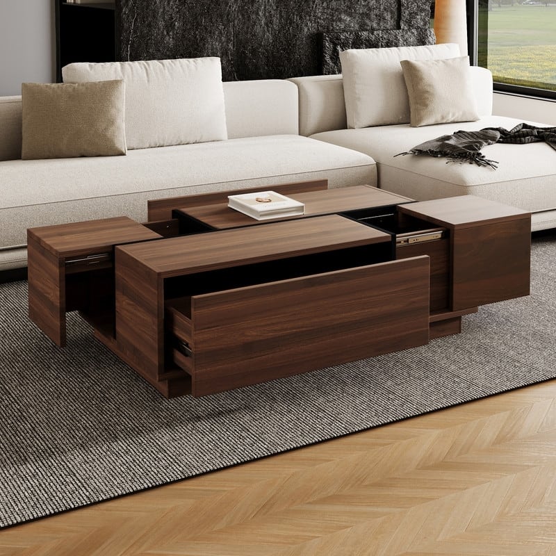 Rectangular Sliding Top Coffee Table with 2 Drawers and 2 Hidden Storage for Living Room 47.2"