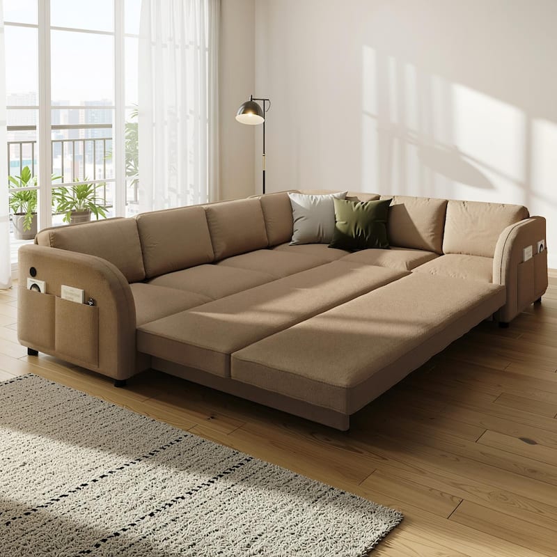 Homy Casa 85"/115" L-Shaped Sectional Sofa Bed USB & Side Pocket, Teddy Fabric Pull-Out Sleeper, Reversible Chaise, Multi Colors