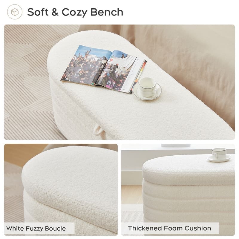 45" White Teddy Storage Ottoman Bench for Living Room Bedroom,Oval Sherpa Storage Bench Ottoman Foot Rest Anti-slip Legs