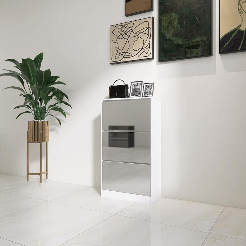 23.6in x 41.73in 3-Tier Wooden Shoe Storage Cabinet with Mirror White