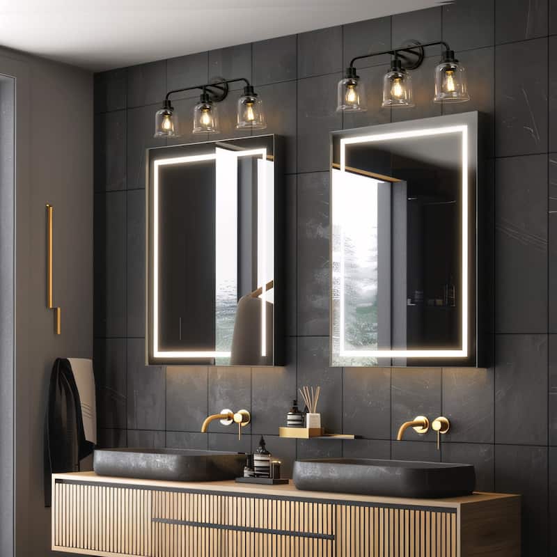 Modern Farmhouse Black 3-Light Linear Bathroom Vanity Light Glass Metal Wall Sconces - W 22.8" x L 10.8" x H 7.3"