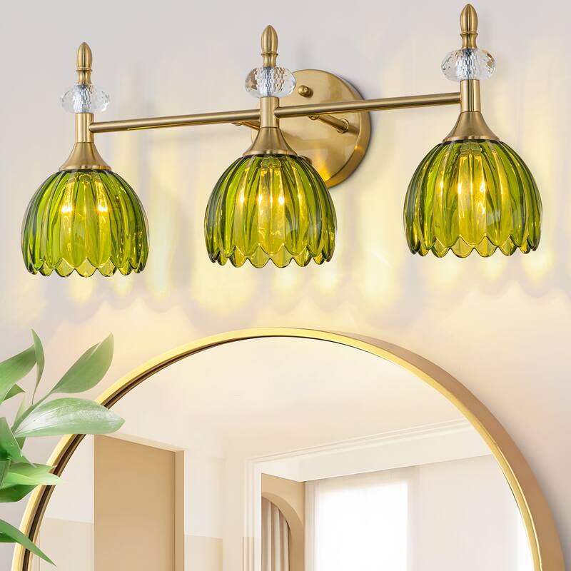 Starsky 3-Light Tulip-Inspired Floral Wall Sconce with Green or Amber Glass Shades, for Bathroom, Bedroom, Hallway