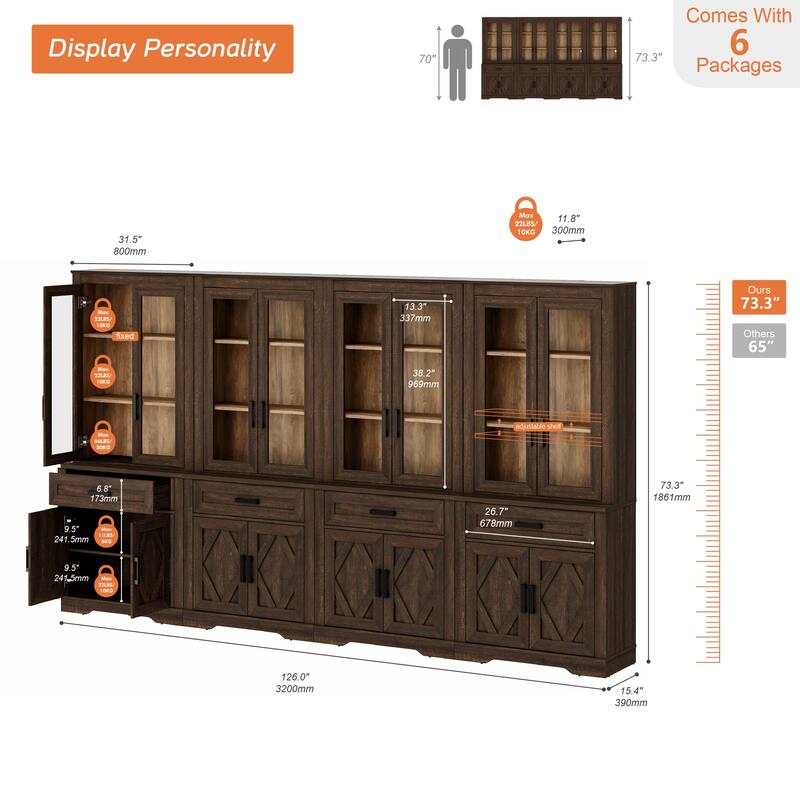 5 Tier 4-Column Bookshelf Set with Open Storage and Glass Doors