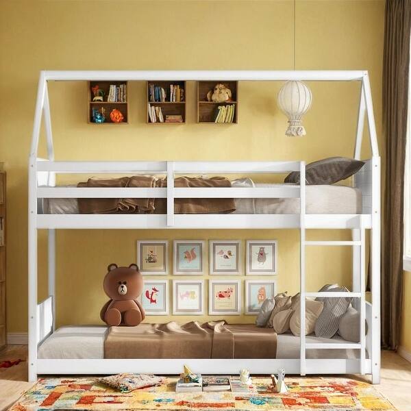 slide 2 of 14, Twin Over Twin House Floor Bunk Bed with Headboards, Footboards and Guardrails, Ladder White