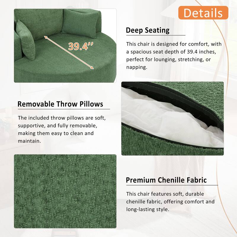 Chenille Swivel Barrel Chair with Pillows