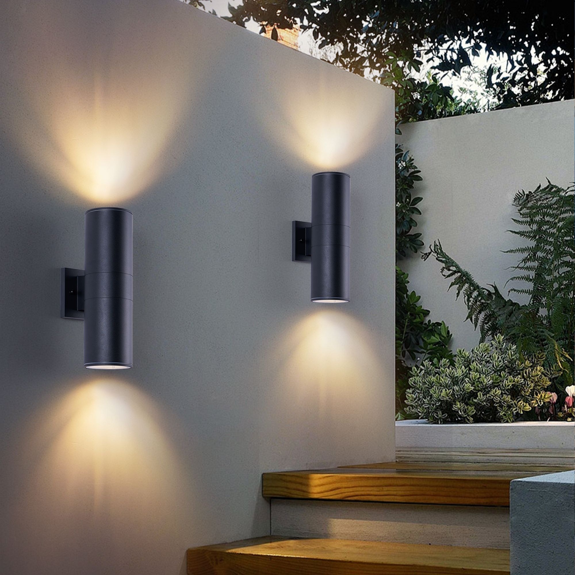 14" Modern Outdoor Porch Light in 2 Lights with Aluminum Cylinder, Tempered Glass Cover Waterproof Wall Sconce 2 Pack