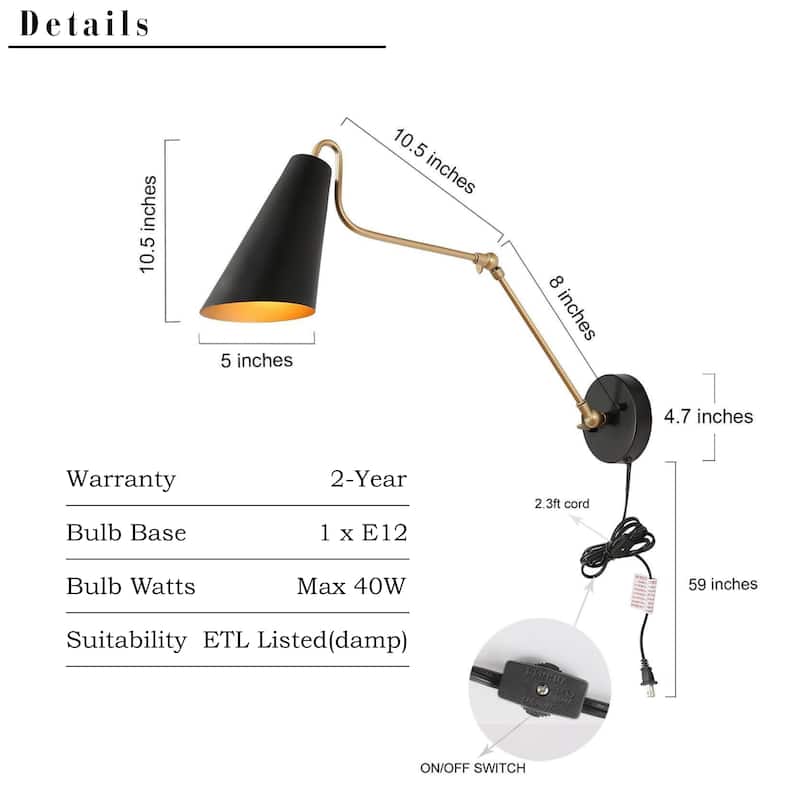 Wylan Modern 1-Light Plug-in Black Gold Swing Arm Lights Metal Wall Sconces