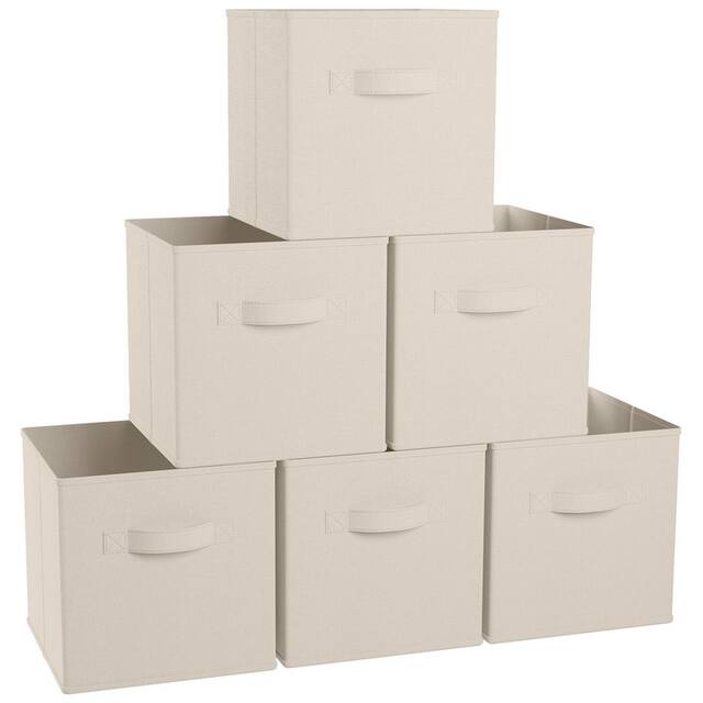 6 Pack Foldable Collapsible Storage Box Bins Shelf Basket Cube Organizer with Dual Handles -13 x 13 x 13 - 11 x 11 x 11 - Beige