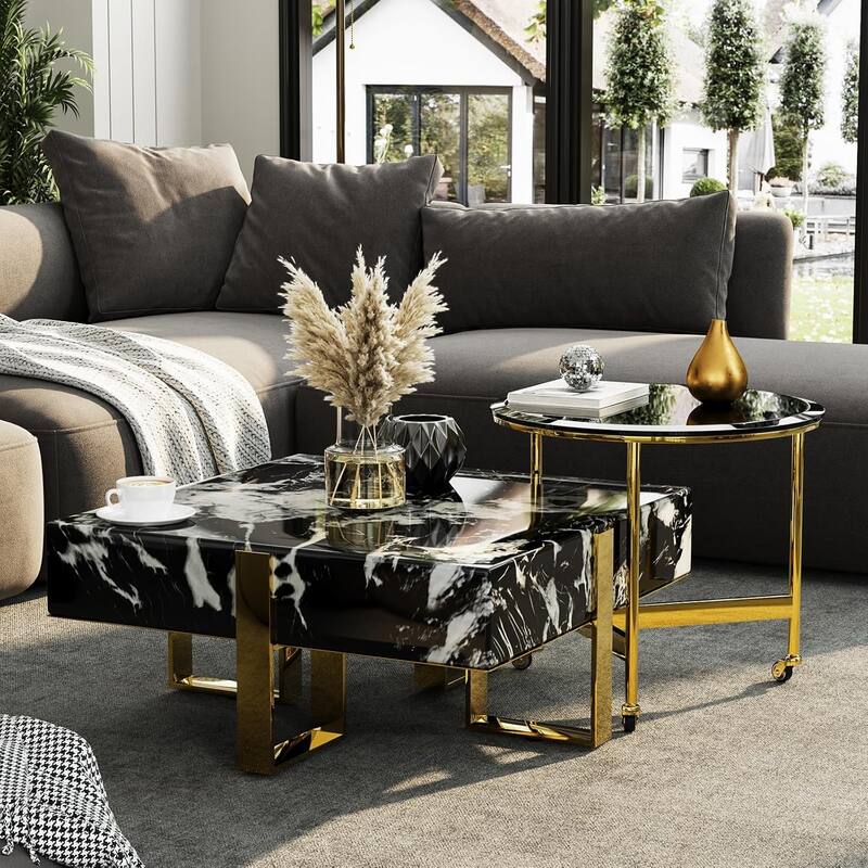 Modern Luxury Square Faux Marble Coffee Table Set Nesting Coffee Table with End Table