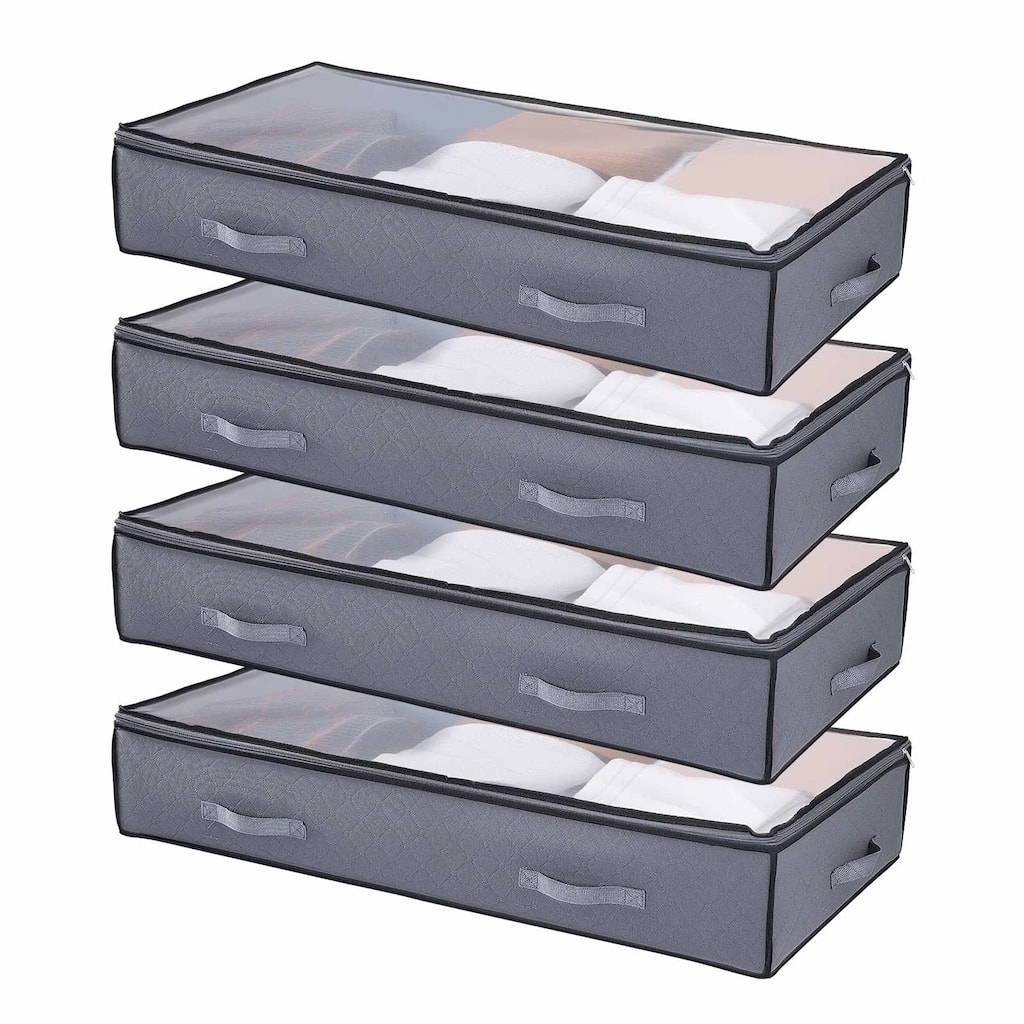 Set of 4 Under Bed Storage Organizer Foldable Clothes and Shoe Storage with Transparent PVC Lid - 39.2 x 19.7 x 7.1 inch